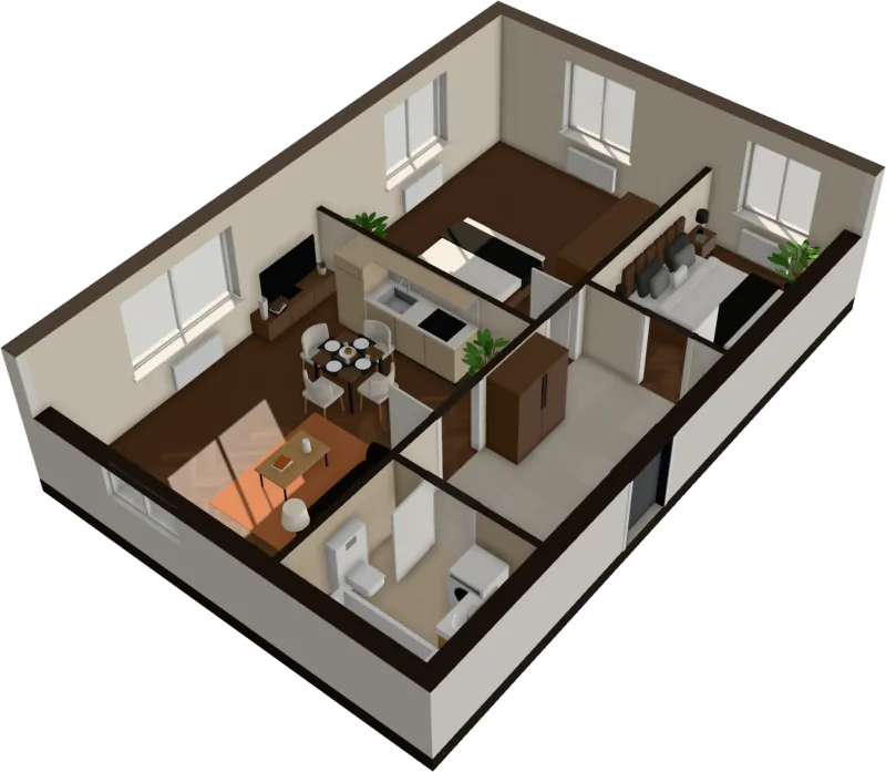 The sample two-bedroom flat furnished in the Mocha style, in 3D