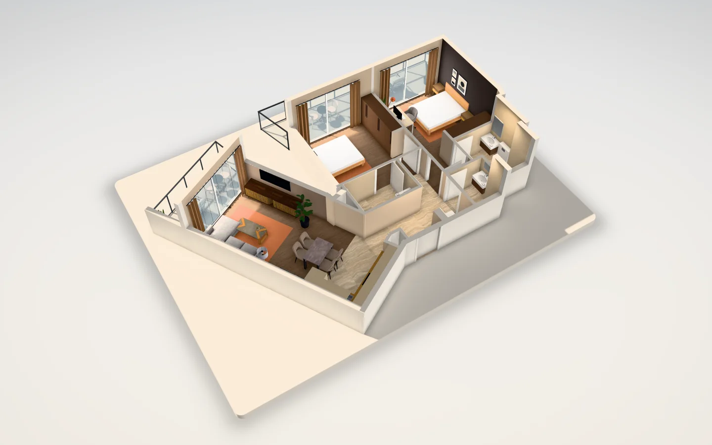 Two-bedroom apartment in 3D: mocha and smoked oak