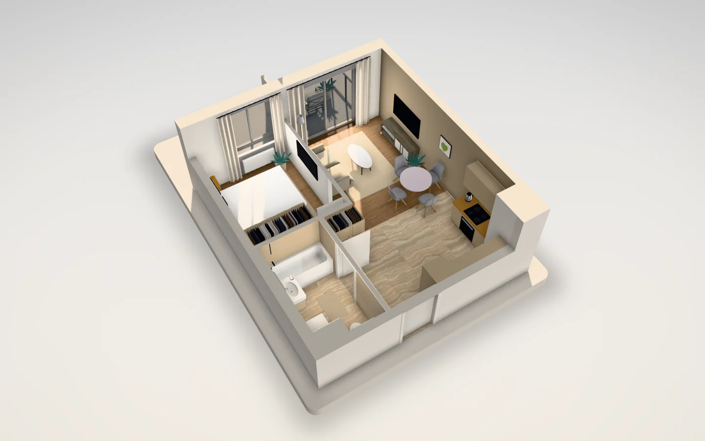 The same apartment, light and bright in 3D: travertine and white oak