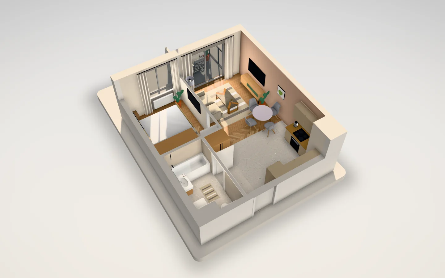 A one-bedroom apartment in Warsaw in 3D, terracotta walls and oak floors in morning sun