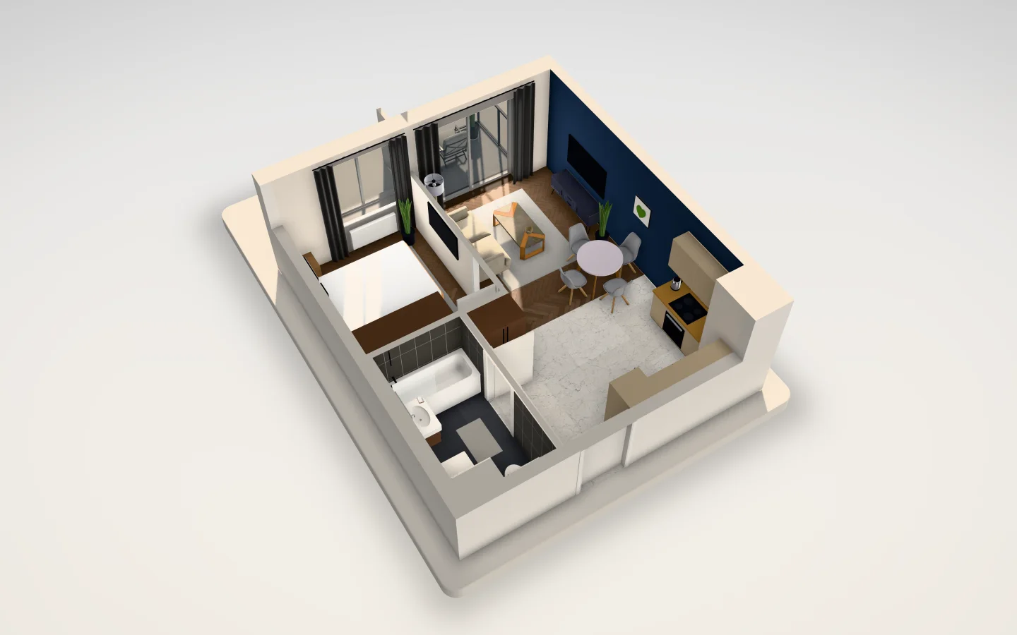 The same apartment, in ink blue in 3D: ink blue and smoked oak