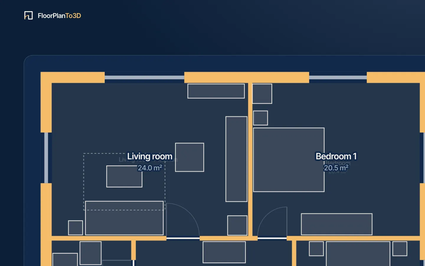 The two-bedroom plan with walls, doors, windows, rooms and furniture recognised