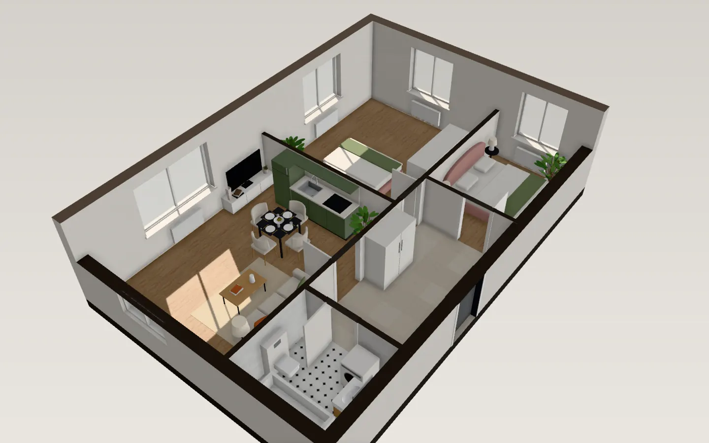 The flat as drawn, furnished in 3D