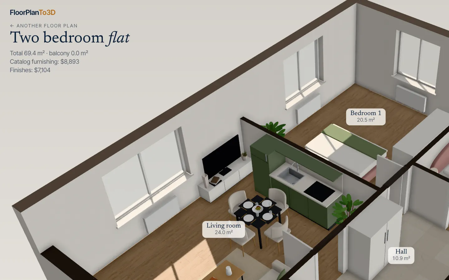 The 3D view of the flat with its furniture