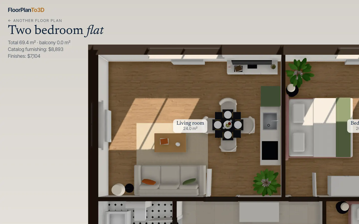 Top-down furnished plan with room names and areas